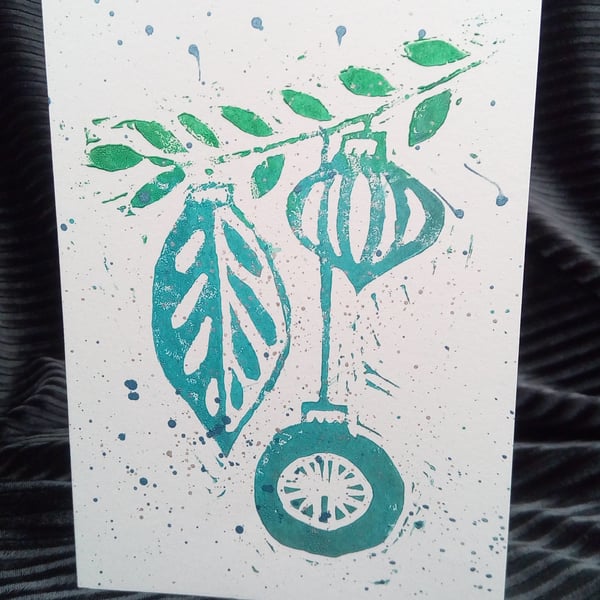 Hand-Printed Lino Cut Christmas Card - Baubles Design