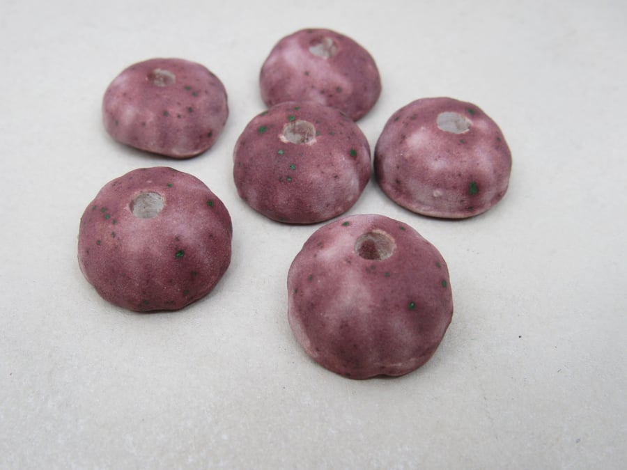 6 Small Matte Dark Speckled Damson Half-round Ceramic Flower Beads