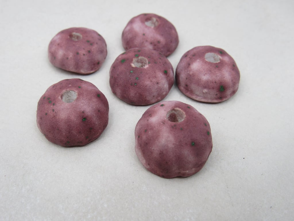 6 Small Matte Dark Speckled Damson Half-round Ceramic Flower Beads
