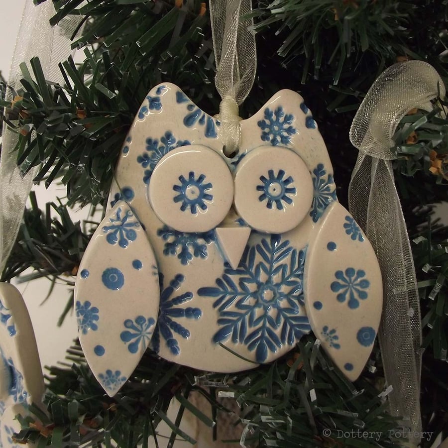 Ceramic owl hanging decoration Snowy Owl Christmas decoration Pottery owl 