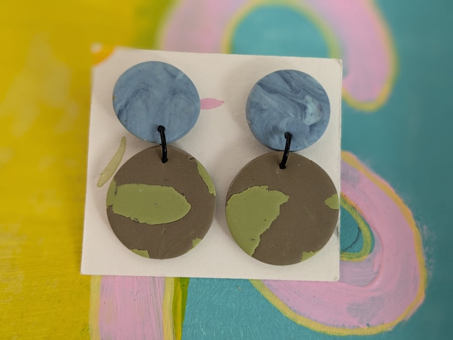 Lightweight dangly earrings,   greens, marbled blue, polymer clay earrings