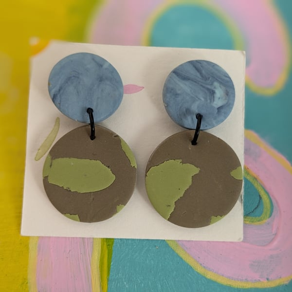 Lightweight dangly earrings,   greens, marbled blue, polymer clay earrings