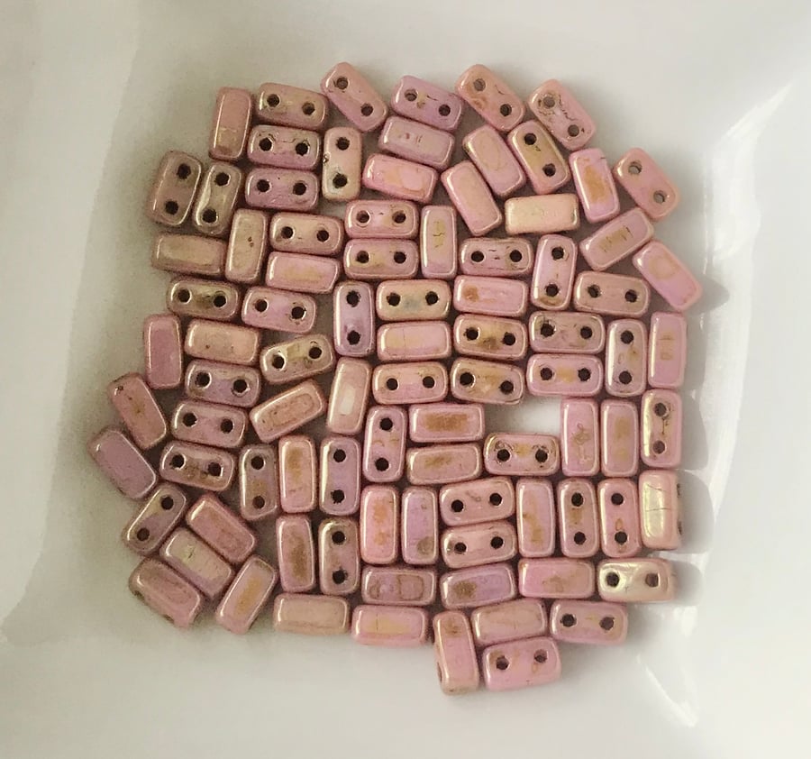 CzechMates Brick Beads - Lustre Opaque Rose, Gold Topaz - 50 Beads