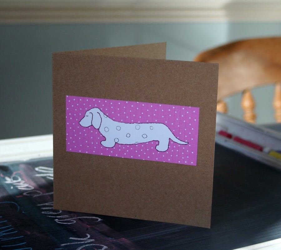 Dachshund Sausage Dog Pink Dotty Handmade card - FREE P&P IN UK