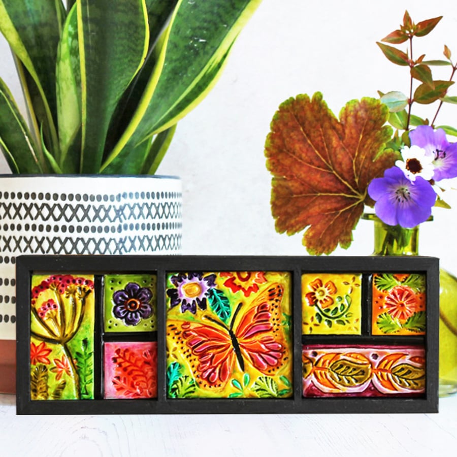 Boho home decor. Butterfly and flowers triptych.