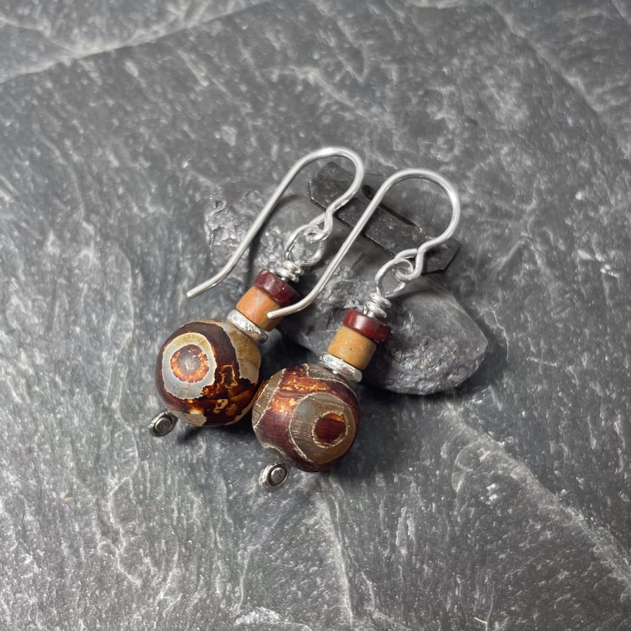 Silver Tibetan etched agate and jasper bead earrings