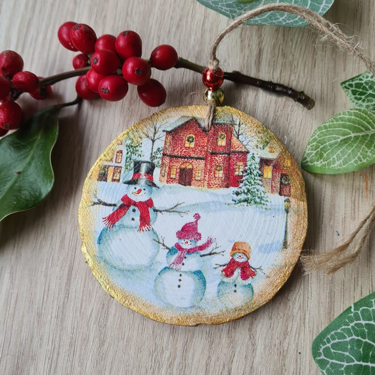Christmas vintage style snowman decoration wood slice hanging decoration