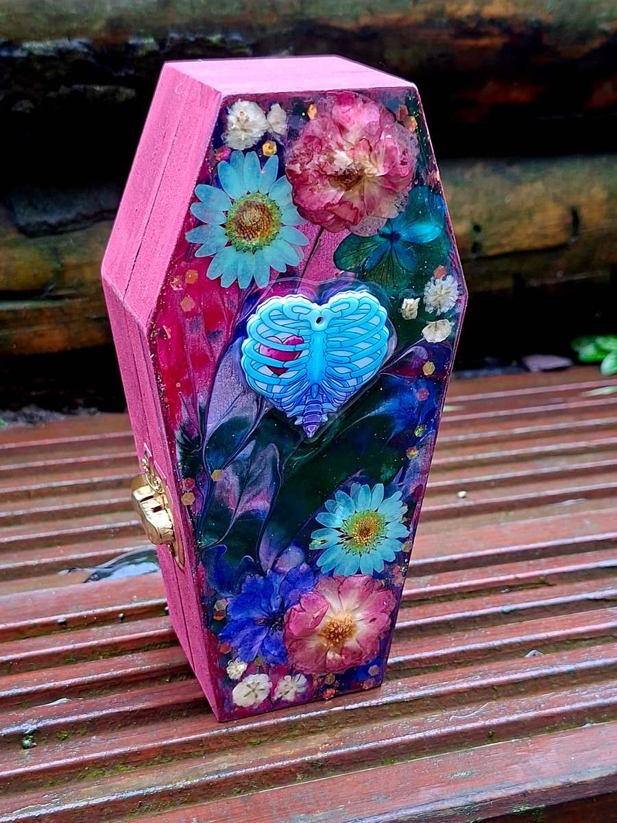 Wooden Coffin Trinket Jewellery Box gothic rib cage skeleton emo punk alt 