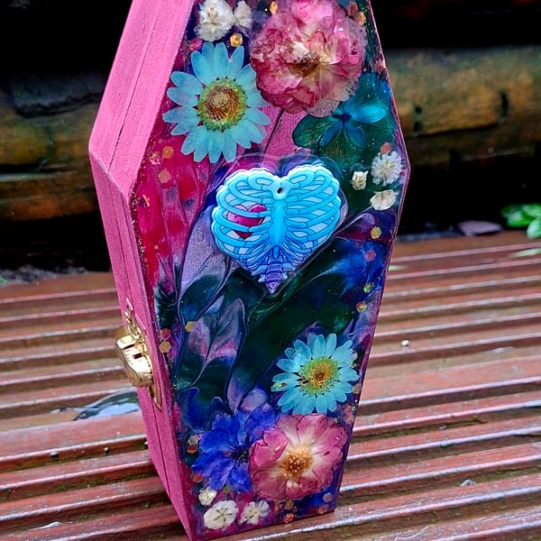 Wooden Coffin Trinket Jewellery Box gothic rib cage skeleton emo punk alt 