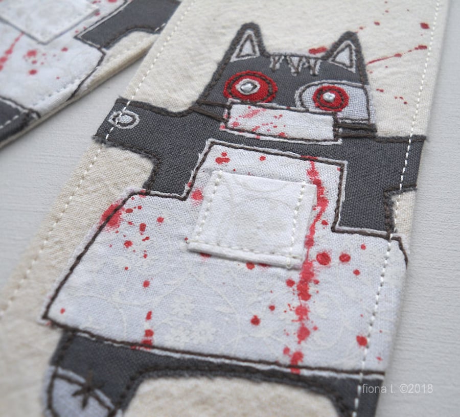 freehand embroidered fabric bookmark zombie kitty butcher