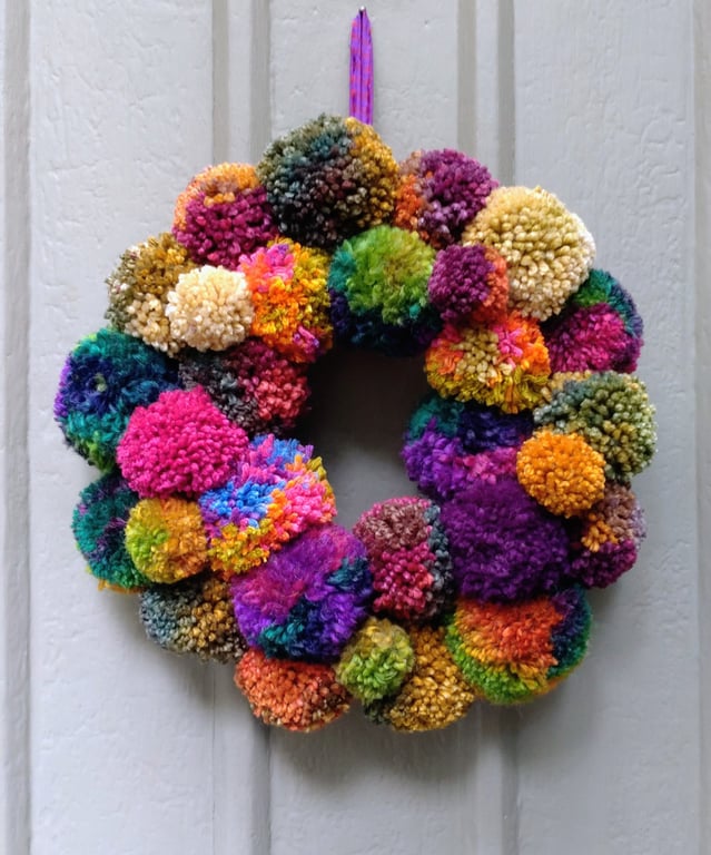 Wool Pompom Wreath, Mixed Colours, Eclectic Bohemian Interiors, Maximalism.