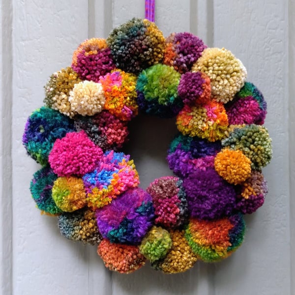 Wool Pompom Wreath, Mixed Colours, Eclectic Bohemian Interiors, Maximalism.