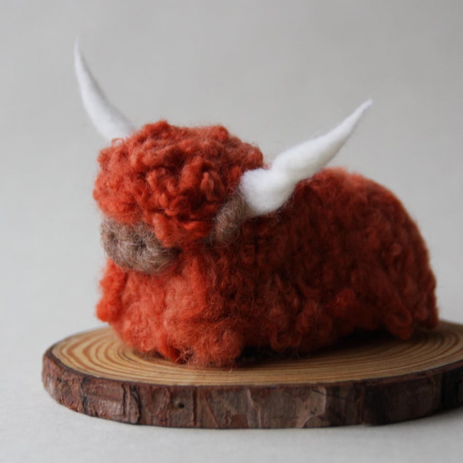 Wee Moo Coo - needle felted highland cow sculpture in rusty-orange