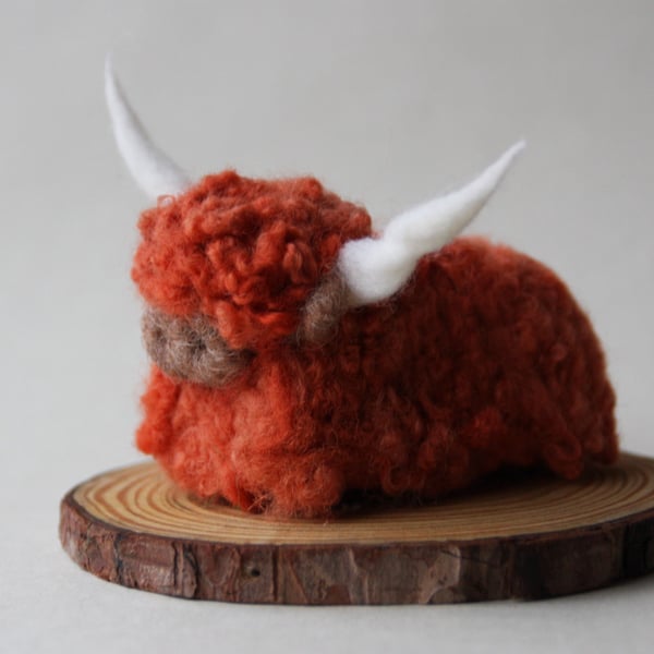 Wee Moo Coo - needle felted highland cow sculpture in rusty-orange