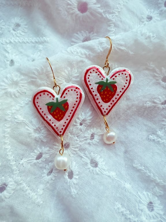 Strawberry Heart Pearl Drop Earrings - FREE SHIPPING