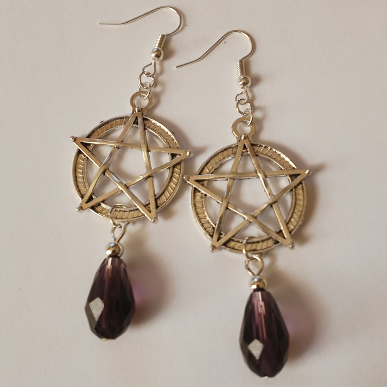 Purple Crystal Pentacle Dangling Earrings Wicca Pagan