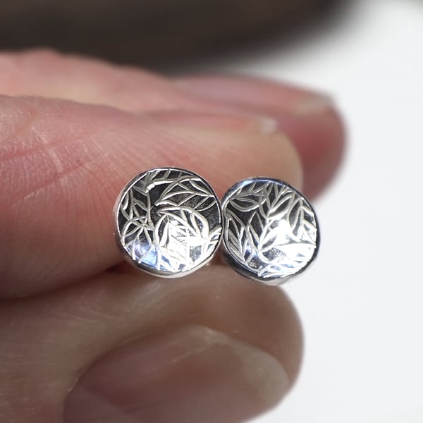 Silver Stud Earrings, Leaf Design, Domed Sterling Silver Studs, round earrings