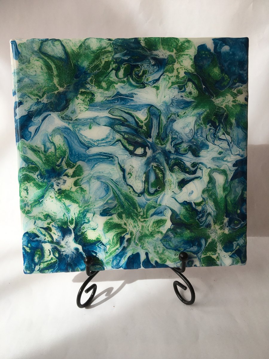 Fluid art, 6”x6” ceramic  tile, trivet, decoration, abstract  flowers painting  