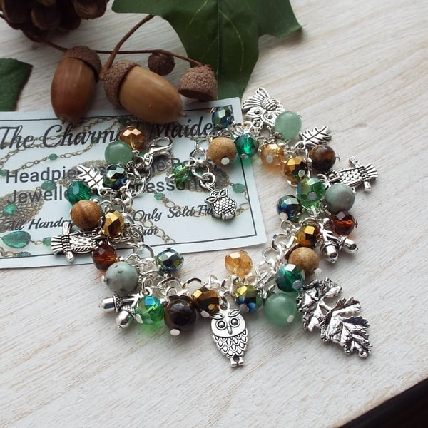 Woodland Owl Charm Bracelet, Nature Inspired Earth Tone Gemstone Jewellery