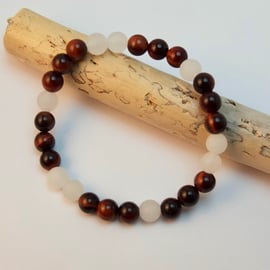 Red Tiger's Eye And Frosted White Jade Bracelet - Handmade In Devon.