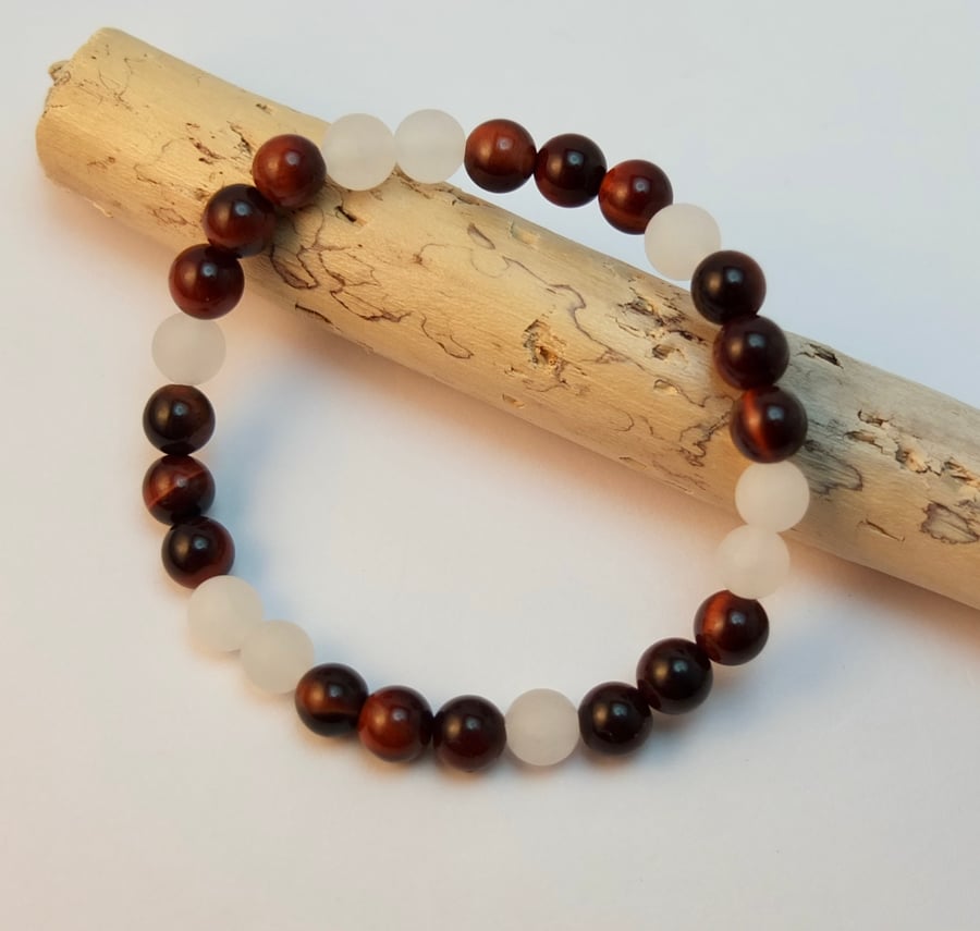 Red Tiger's Eye And Frosted White Jade Bracelet - Handmade In Devon.