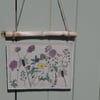 Hedgerow flowers - Screen printed fabric hanger on driftwood 29x21cm