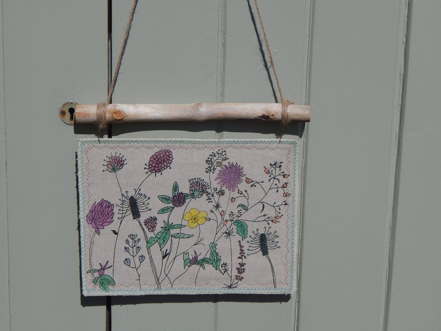 Hedgerow flowers - Screen printed fabric hanger on driftwood 29x21cm