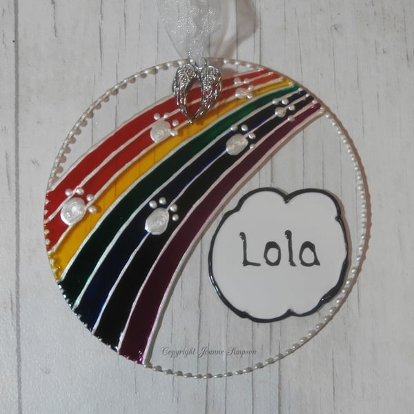 Hand painted Rainbow Bridge pet memorial suncatcher decoration with charm