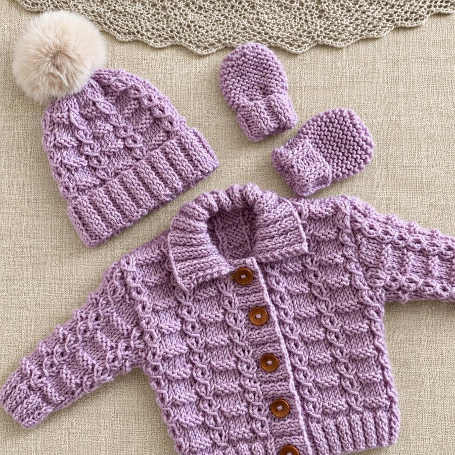Image of Hand Knitted Baby Girl Cardigan Set – Heather Pink 0–3 Months