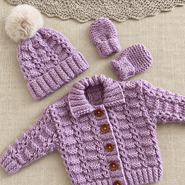 Hand Knitted Baby Girl Cardigan Set – Heather Pink 0–3 Months
