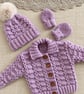 Hand Knitted Baby Girl Cardigan Set – Heather Pink 0–3 Months