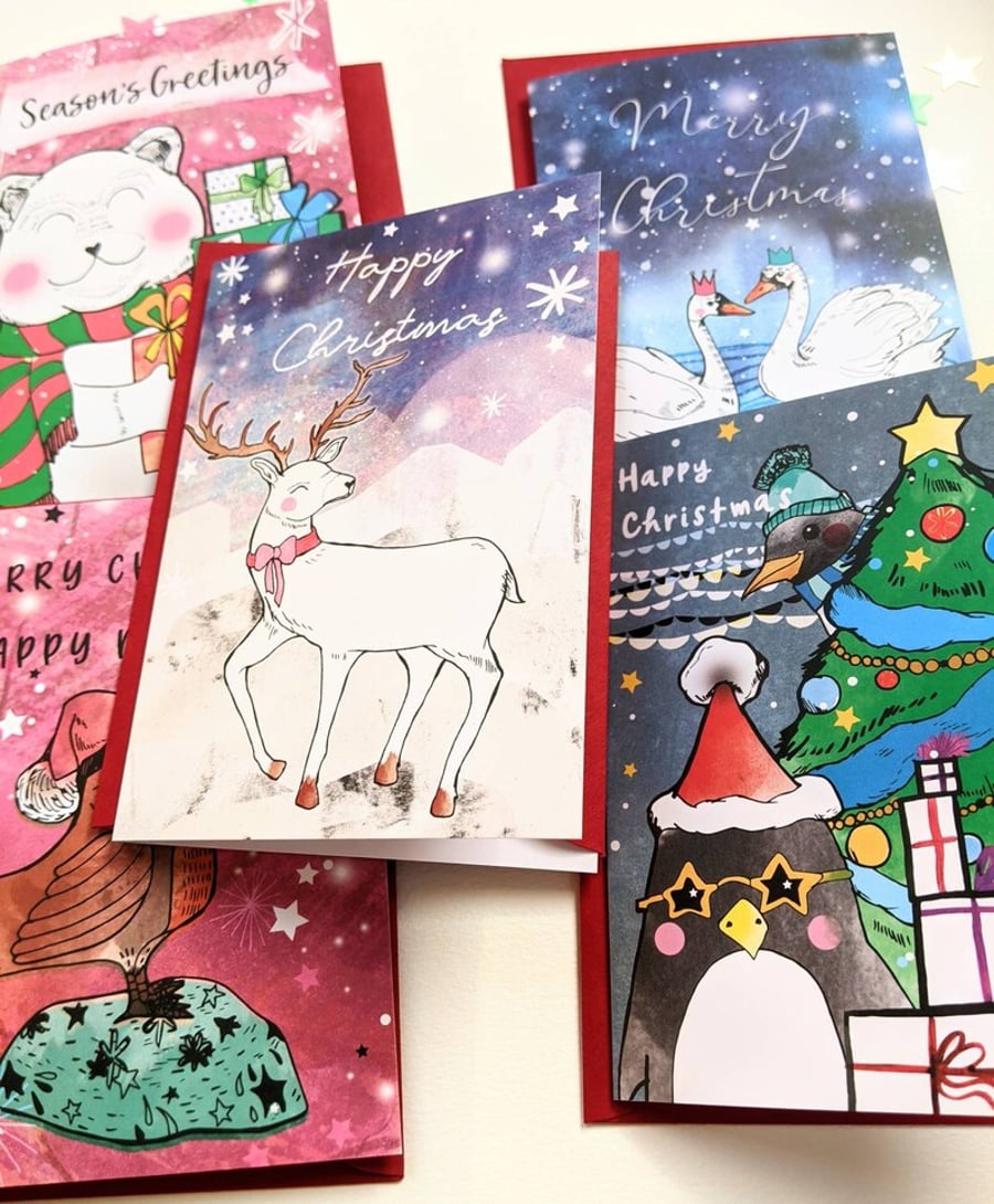 Set of 5 Illustrated Christmas Cards with Red Envelopes & Free Shipping 