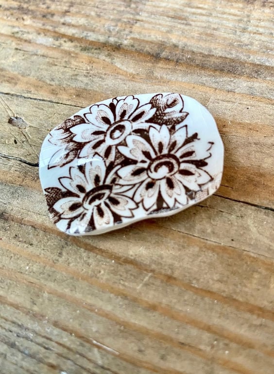 Victorian crockery brown floral brooch. Handmade one of a kind pin.