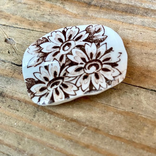 Victorian crockery brown floral brooch. Handmade one of a kind pin.