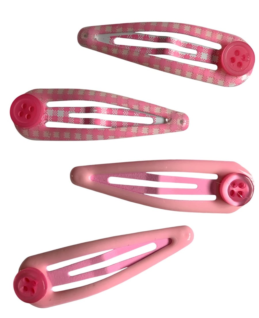 Pink Gingham and Plain Hair Clips with Button Accents Bendy Snap Grips School 