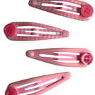 Pink Gingham and Plain Hair Clips with Button Accents Bendy Snap Grips School 