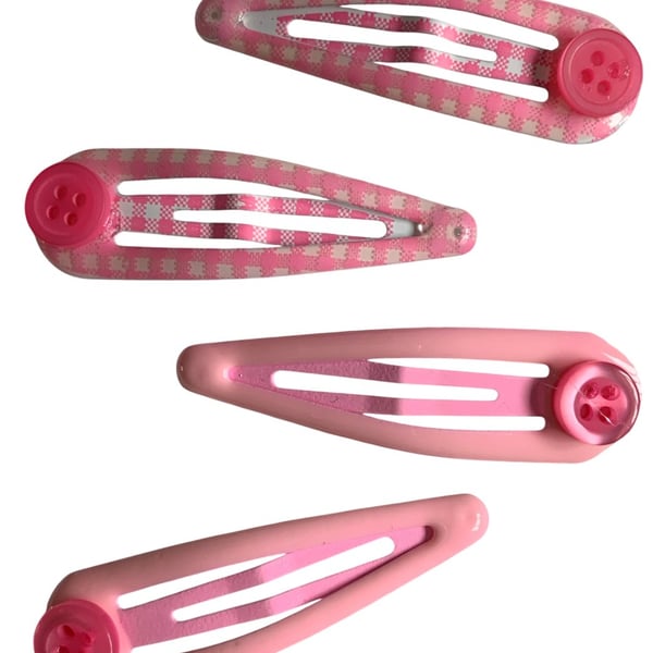 Pink Gingham and Plain Hair Clips with Button Accents Bendy Snap Grips School 