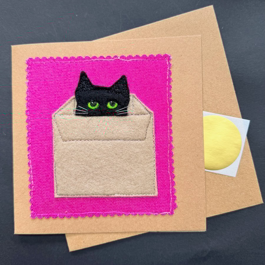 black cat in a box free motion appliqué blank greetings card