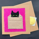 black cat in a box free motion appliqué blank greetings card