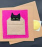 black cat in a box free motion appliqué blank greetings card