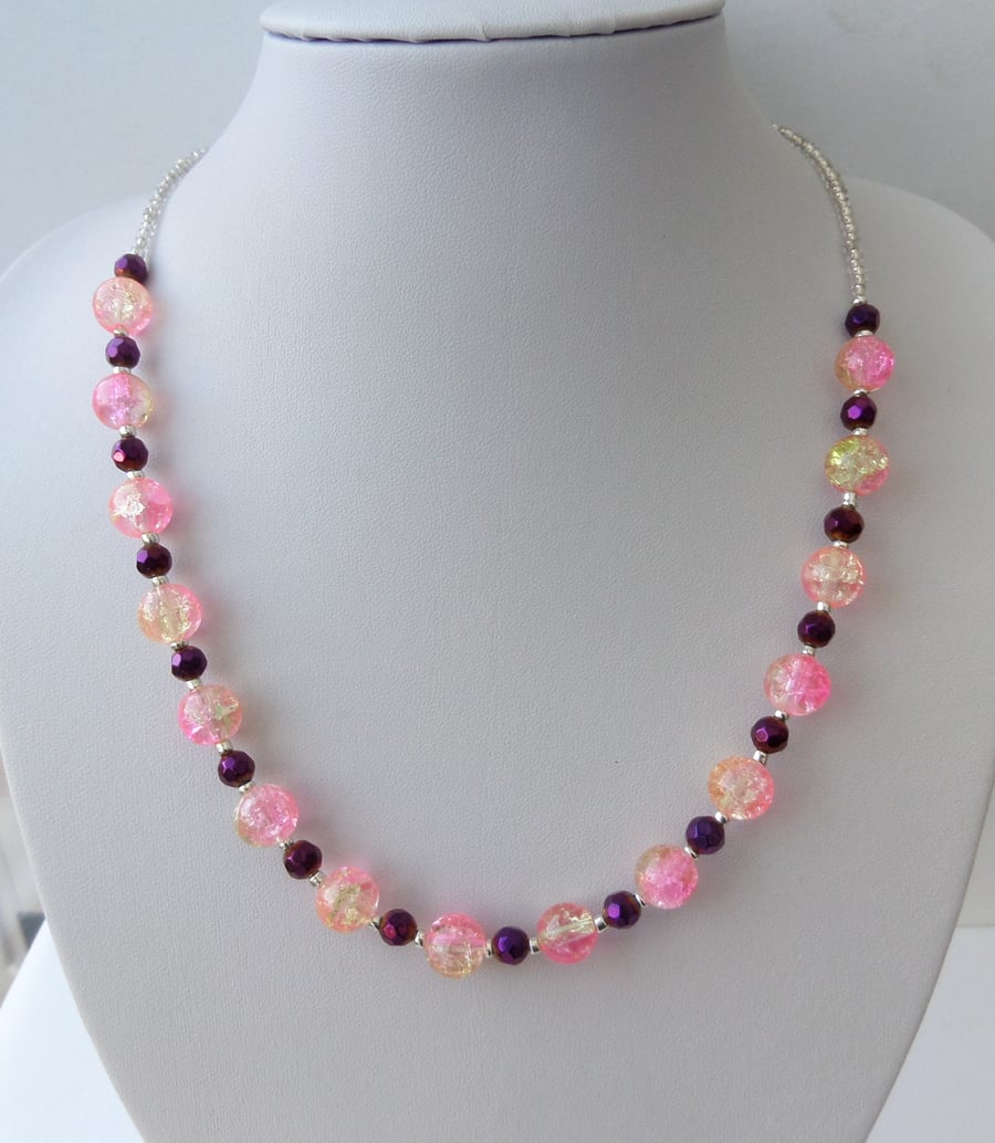 Pink and yellow crackle, faceted purple and silver bead necklace.