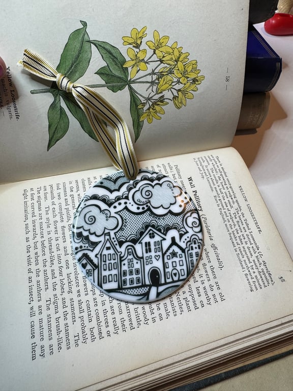 Illustrated Whimsical Houses Ceramic Hanging Decoration 