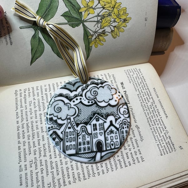 Illustrated Whimsical Houses Ceramic Hanging Decoration 