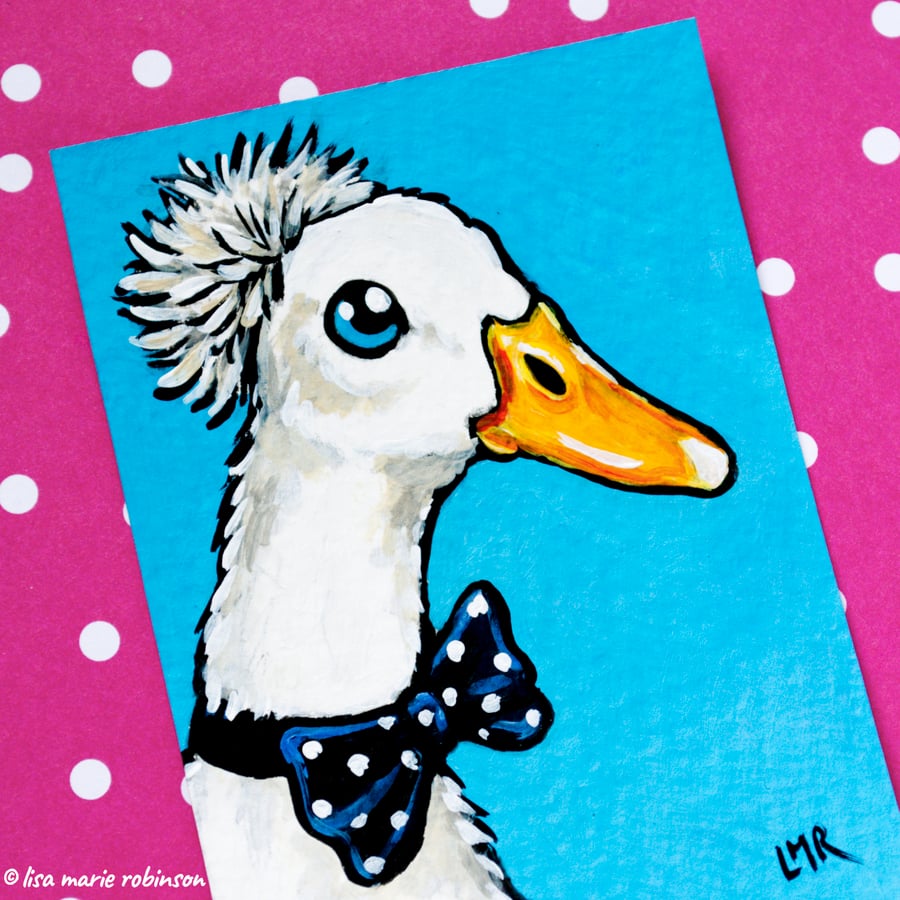 Cute White Duck with Bow Tie Original ACEO Painting