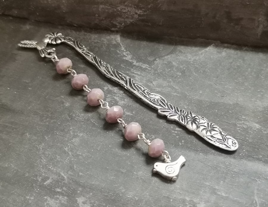 Bird bookmark with purple beads and bird charm