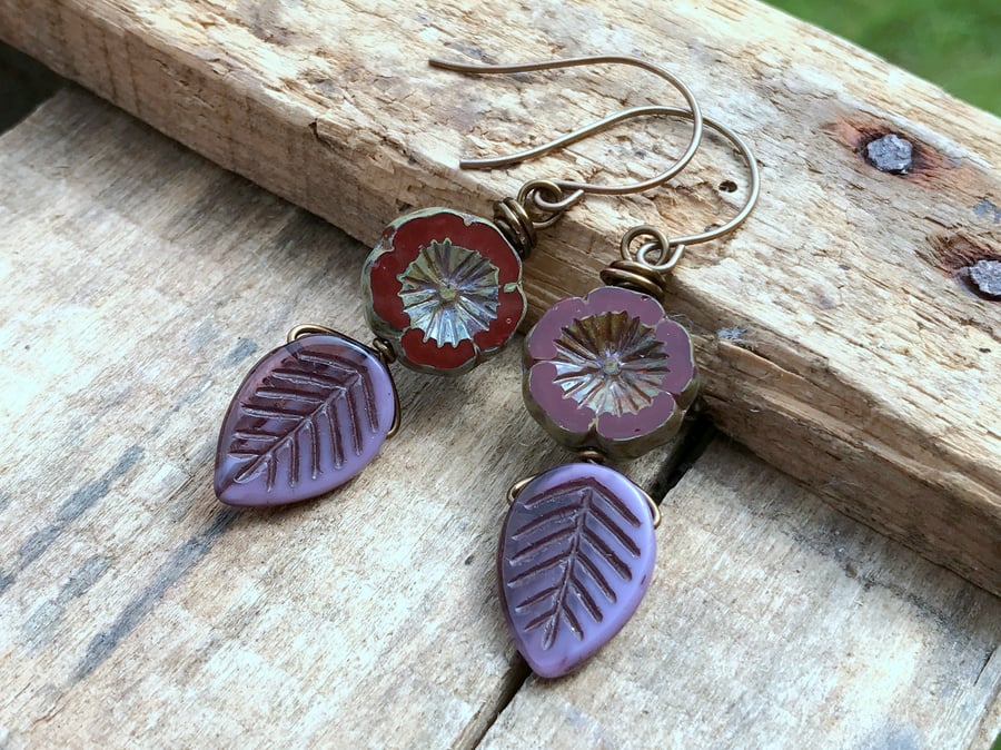 Purple Glass Leaf Earrings. Burgundy Flower Earrings. Rustic Czech Glass Earring
