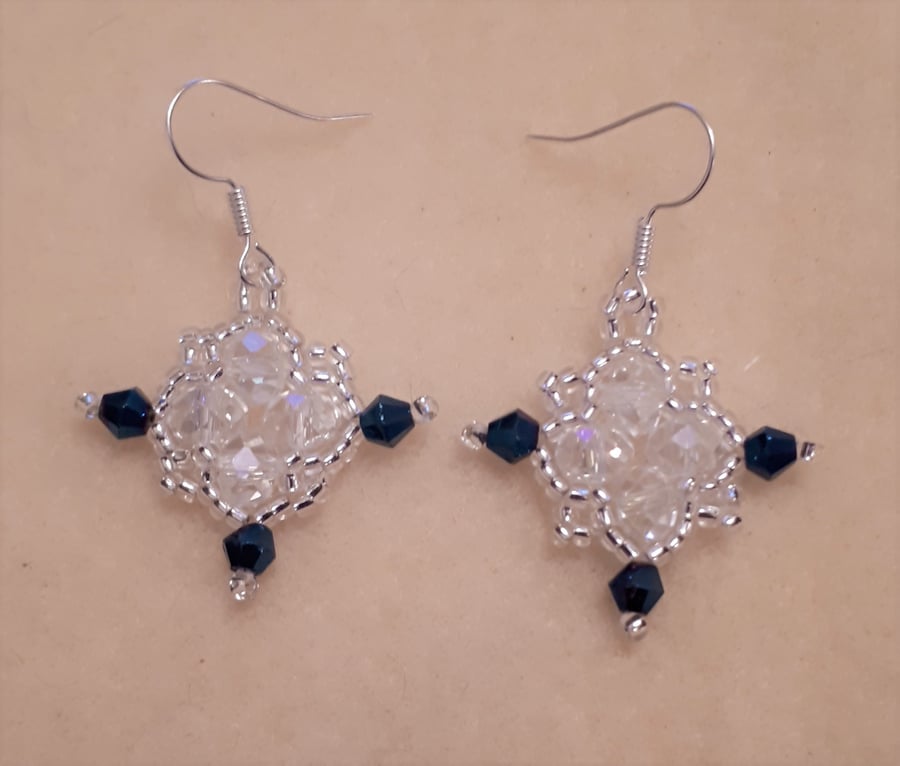 White and Dark blue crystal  and silver seed bead earrings 