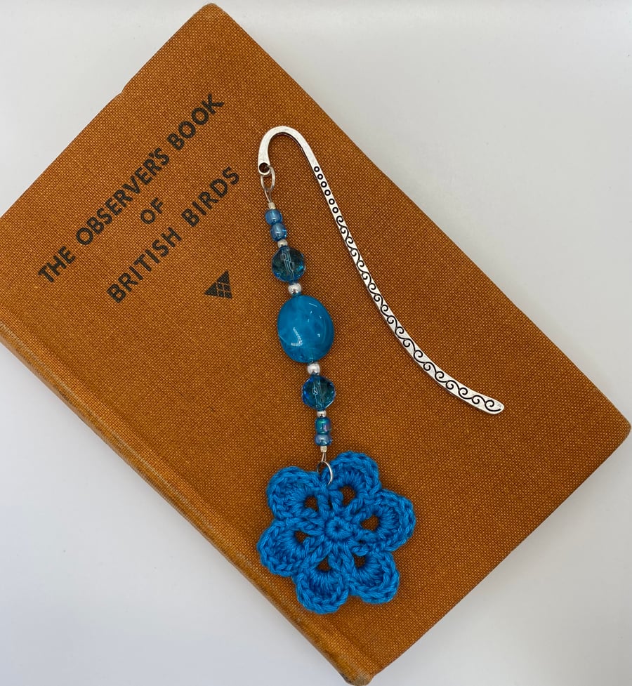 Blue bookmark with upcycled beads and crocheted flower 