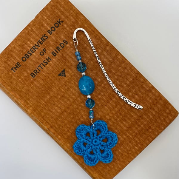 Blue bookmark with upcycled beads and crocheted flower 