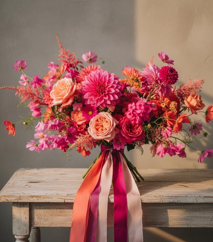 Hand Dyed Silk Ribbon: Coral Bridal Bouquet Ribbon, Stationery, Cake Decor